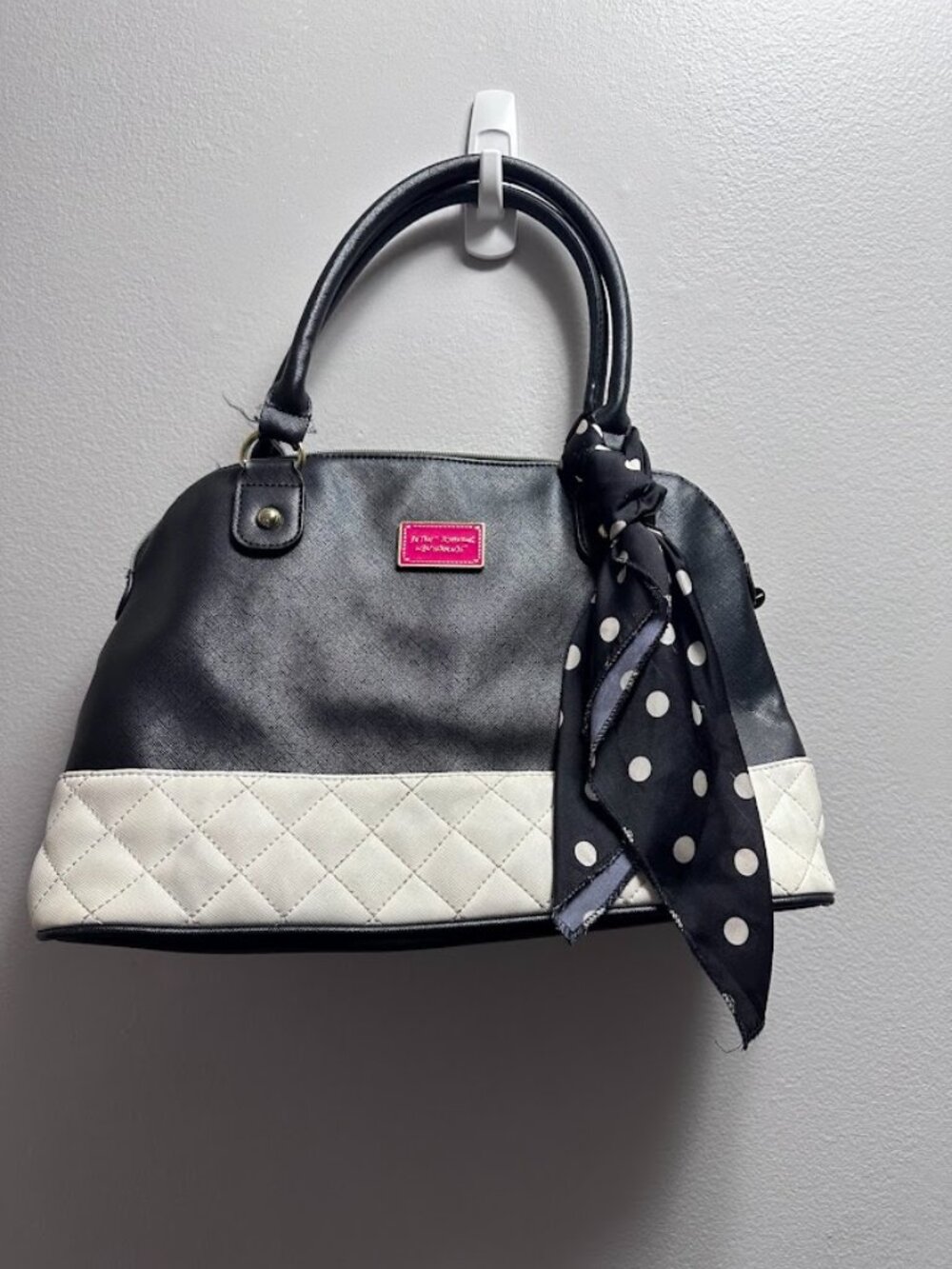 Betsy Johnson Black & White Quilted Dome Satchel with Scarf